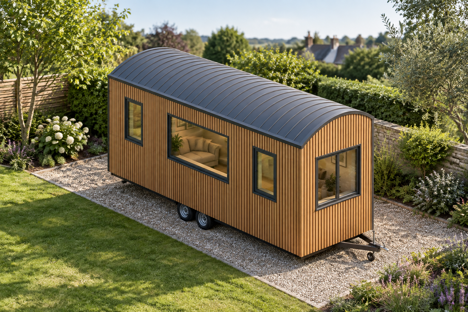 Single-Module P600 Shepherd-Hut Garden Room Teak-slatted P600 garden room with a curved roof, glazed openings and a raised wheeled chassis.