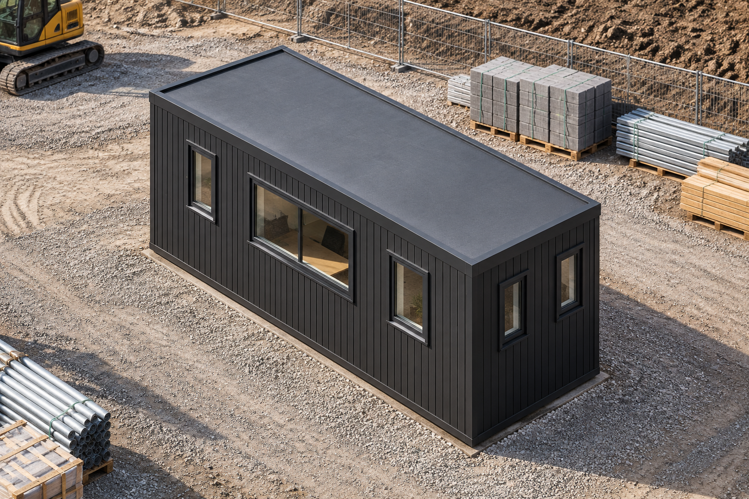 Single-Module P600 Site Office Anthracite-clad single-storey modular site office on an organised construction site.