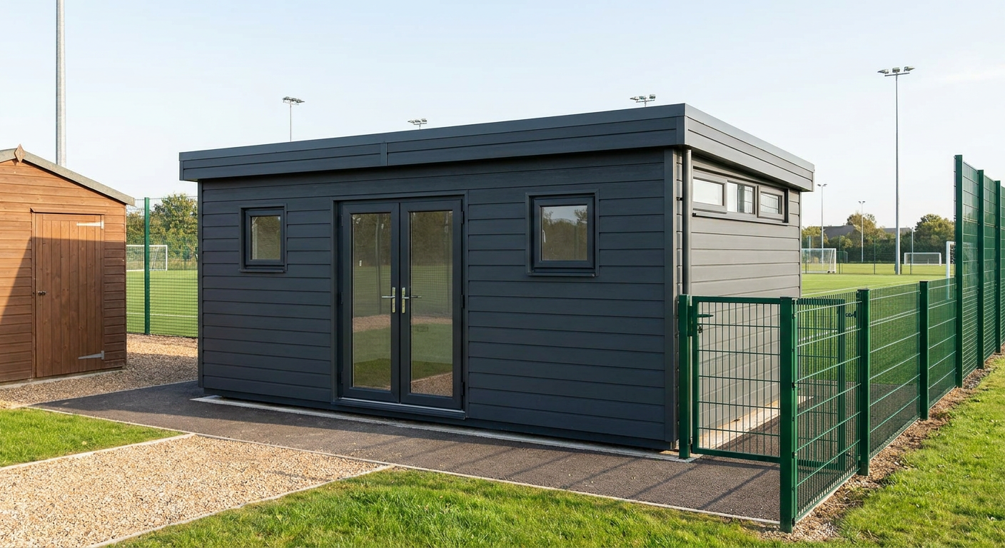 Single-Module P600 Toilet Block with WC One single-storey anthracite module with glazed double doors and small and high windows, Adacon P600 modular building
