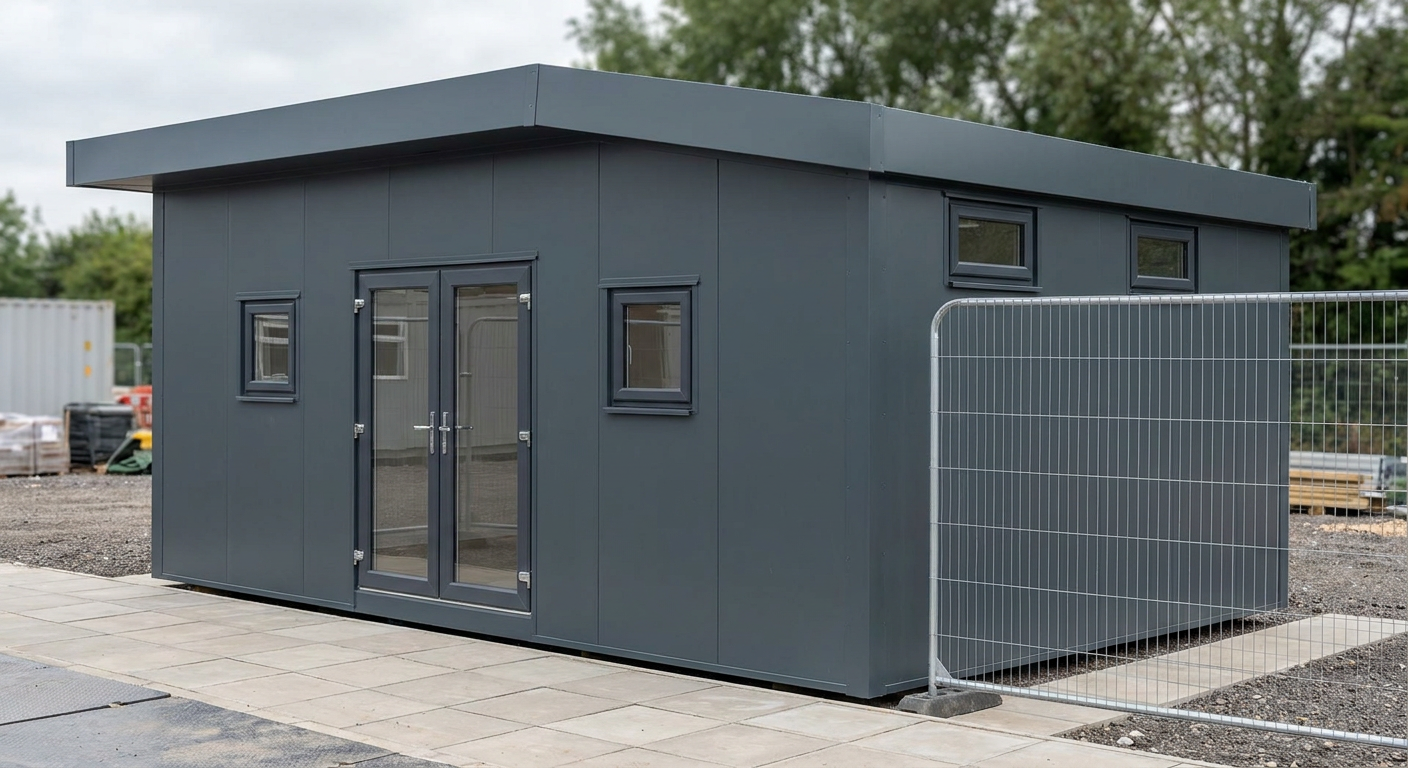 Single-Module P600 Toilet Block with WC One single-storey Anthracite module with a glazed double door and small and high-level windows, Adacon P600 modular building