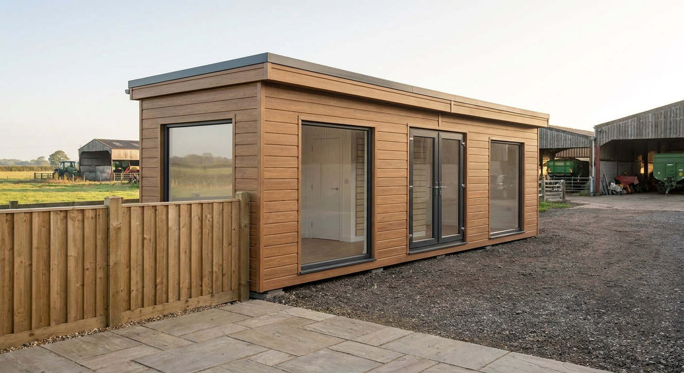 Single-Module Shop with WC and Glazed Double Doors One single-storey module with timber-coloured cladding, glazed double doors and large windows, Adacon P600 modular building