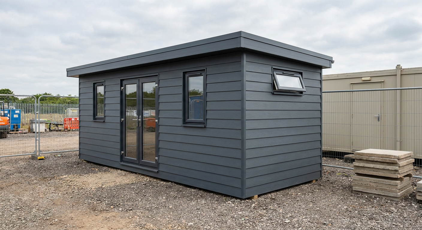 Single-Module Shower Block with WC One single-storey anthracite module with glazed double door and six windows, Adacon P600 modular building