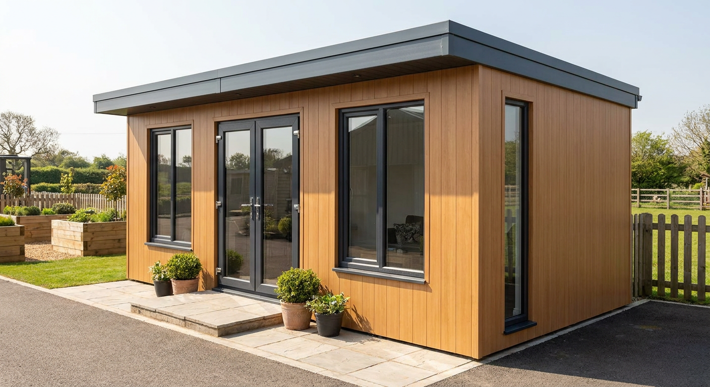 Single-Module Timber-Effect Shop with WC One single-storey timber-effect module with six windows and a glazed double door, Adacon P600 modular building
