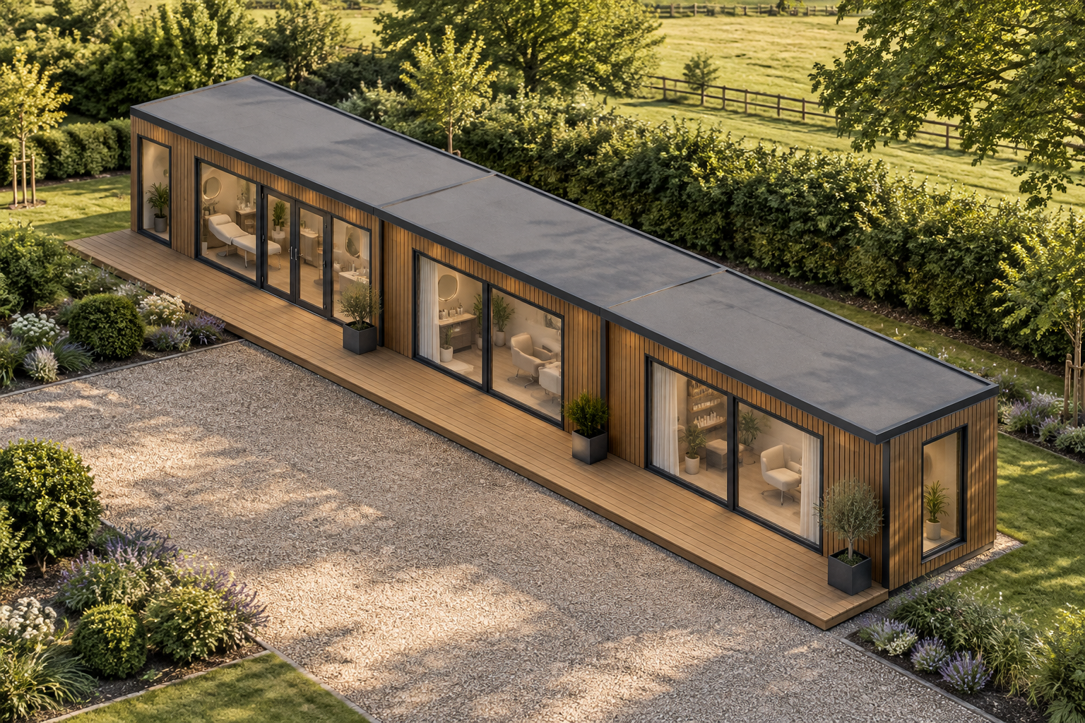 Three-Module P600 Beauty Salon with Terrace Exterior view of the three-module P600 beauty salon with slatted cladding and a timber terrace