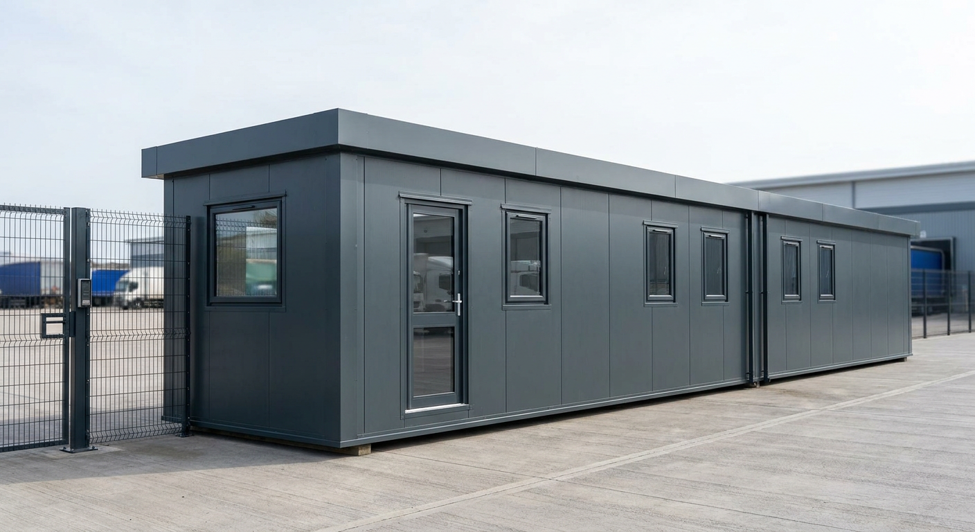 Two-Module P600 Security Cabin with WC Provision Security cabin positioned at a controlled distribution centre entrance