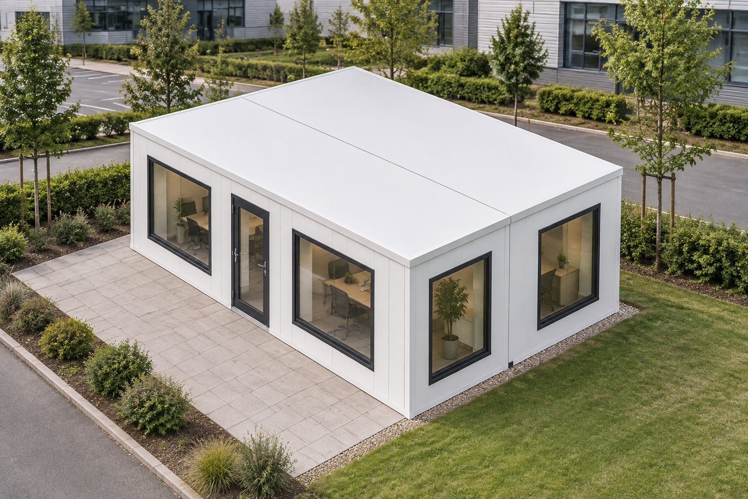 Two-Module Wide Modular Office with Kitchenette and WC Wide single-storey modular office with a white exterior in a landscaped commercial setting