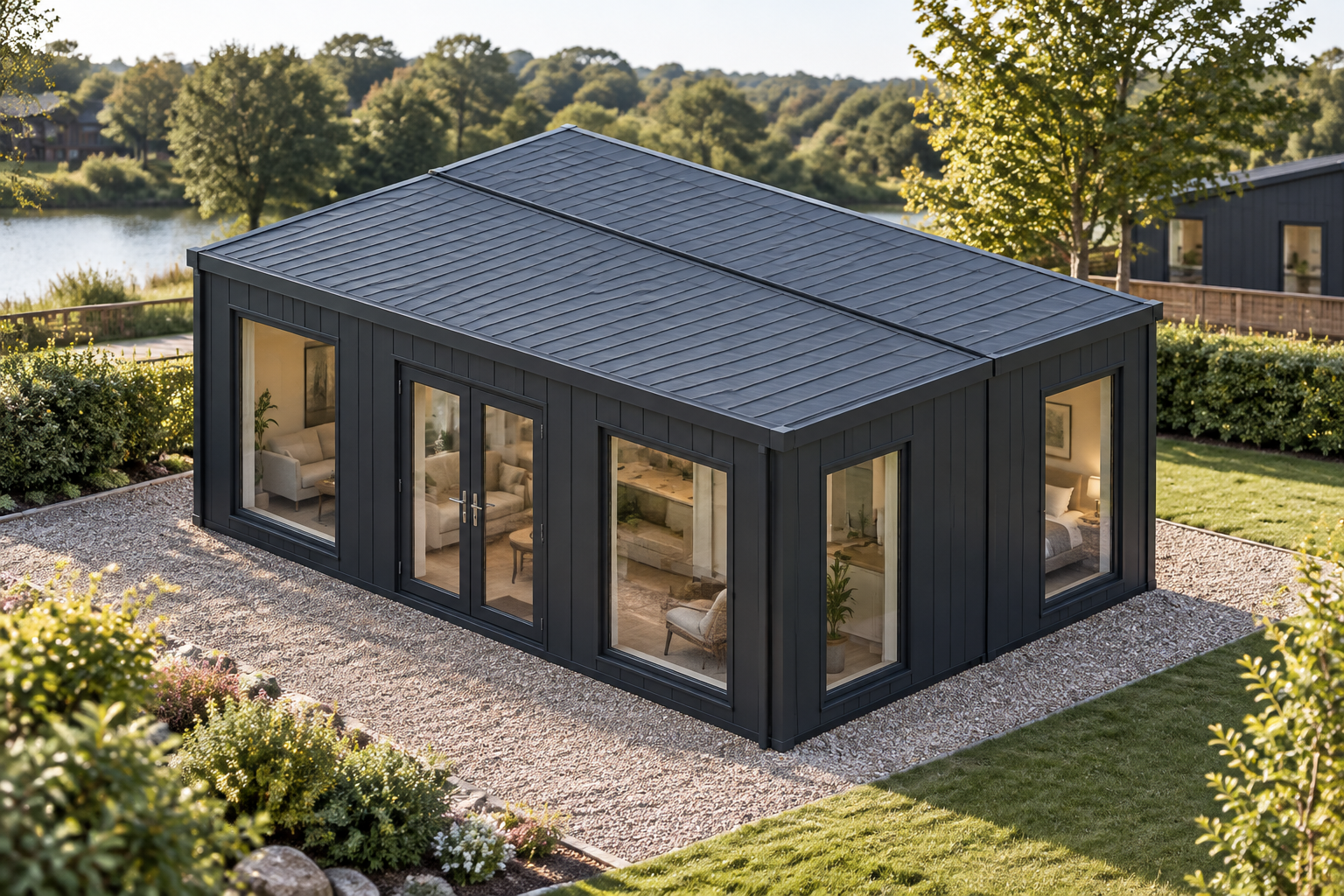 Wide 2-Module P600 Holiday Lodge Wide two-module holiday lodge in a landscaped holiday park setting